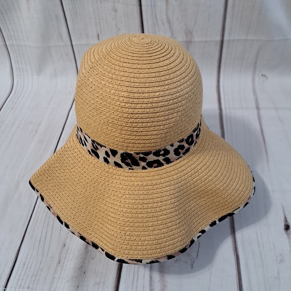 Vince Camuto Packable Tan Wide Brim Hat with Leopard Trim